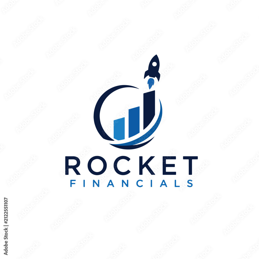 Fototapeta premium Creative Rocket Financial Logo with Growth Bar Chart and House – Business Investment Vector Illustration.