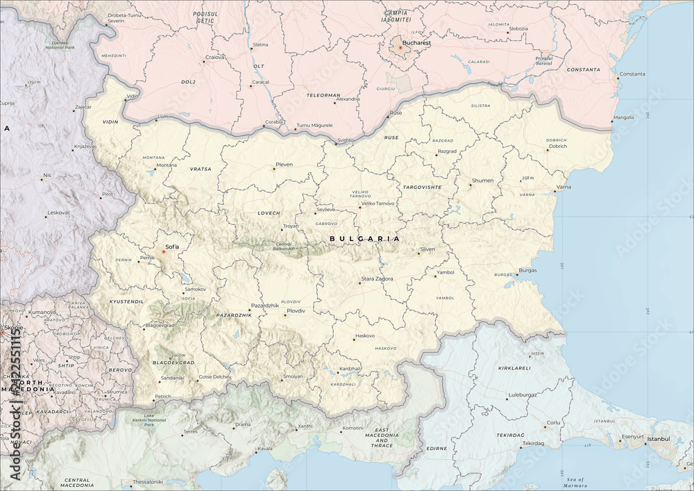 Obraz premium Highly Detailed Political and Physical Map of Bulgaria with Shaded Relief and Neighboring Countries