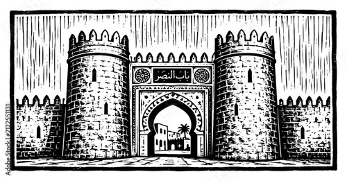 Fotografie Ancient fortress gate with massive stone towers and arched entrance in detailed