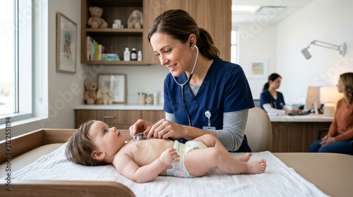 Pediatrician examining baby with stethoscope in bright, modern clinic | Healthcare concept