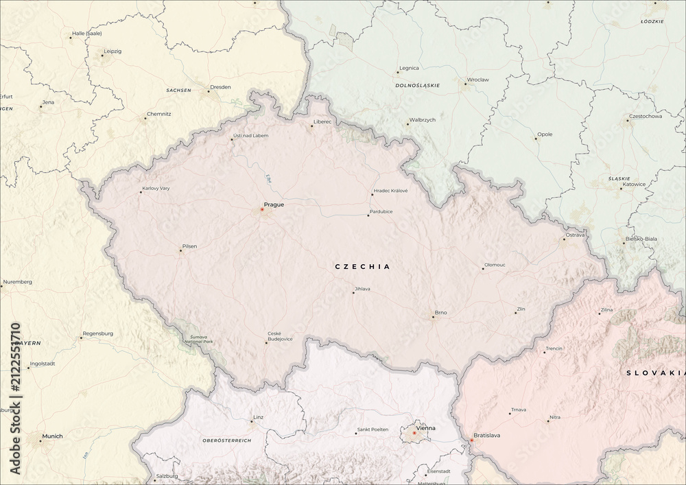 Fototapeta premium Highly Detailed Political and Physical Map of Czechia with Shaded Relief and Neighboring Countries