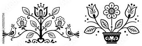 Symmetrical folk art motifs featuring birds on tree of life and flowers in pot in traditional style