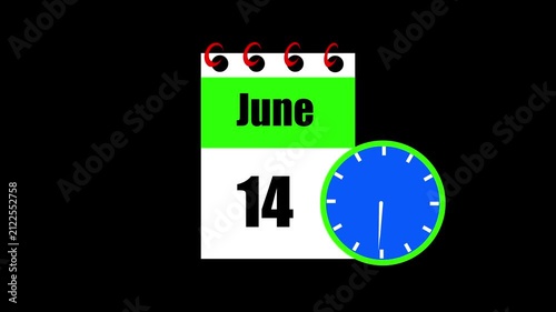 June month 14 date calendar icon animation. Animated Calendar Icon Showing Date Change with Clock Symbol Appointment Scheduling and Deadlines. Modern design calendar symbol background 4k video.