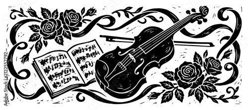 Classical violin with sheet music and floral rose bouquet in vintage woodcut style
