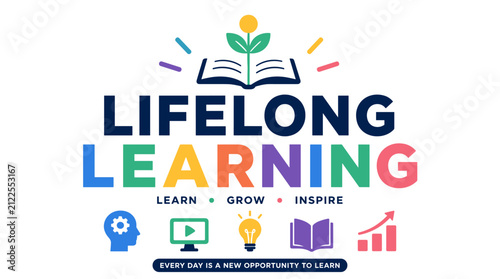 Lifelong learning concept represented with colorful educational icons and symbols.