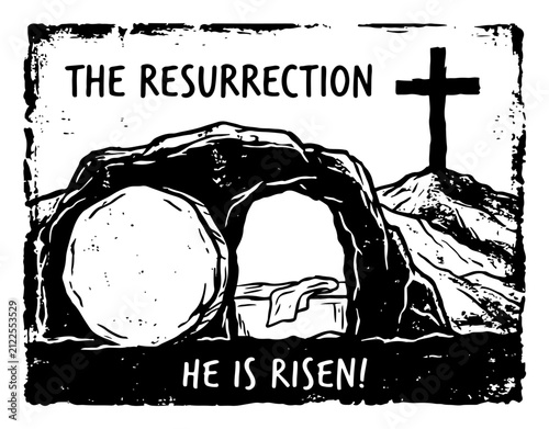 Bild auf Leinwand Resurrection scene featuring empty tomb and cross on hill in distressed woodcut