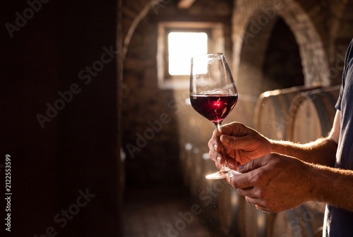 A close-up of a winemaker's hands holding a glass of rich red wine in a dark, atmospheric wine cellar with wooden barrels and a sunlit window.