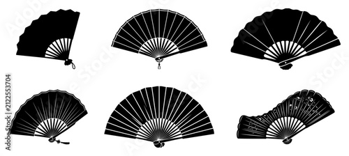 Folding hand fans with traditional oriental patterns in solid silhouette style
