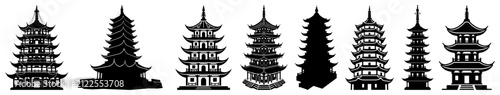 Traditional oriental pagoda temples and Asian towers in solid silhouette style