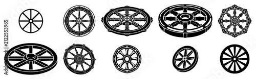 Obraz na płótnie Wheel collection featuring wooden wagon wheels and sacred Buddhist dharma symbol