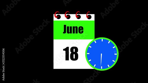 June month 18 date calendar icon animation. Animated Calendar Icon Showing Date Change with Clock Symbol Appointment Scheduling and Deadlines. Modern design calendar symbol background 4k video.