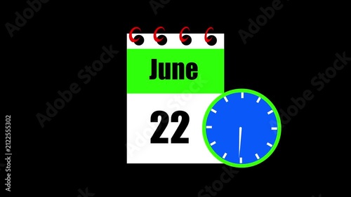 June month 22 date calendar icon animation. Animated Calendar Icon Showing Date Change with Clock Symbol Appointment Scheduling and Deadlines. Modern design calendar symbol background 4k video.