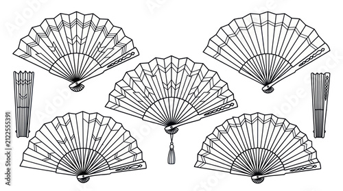 Collection of Japanese folding fan line art icons.