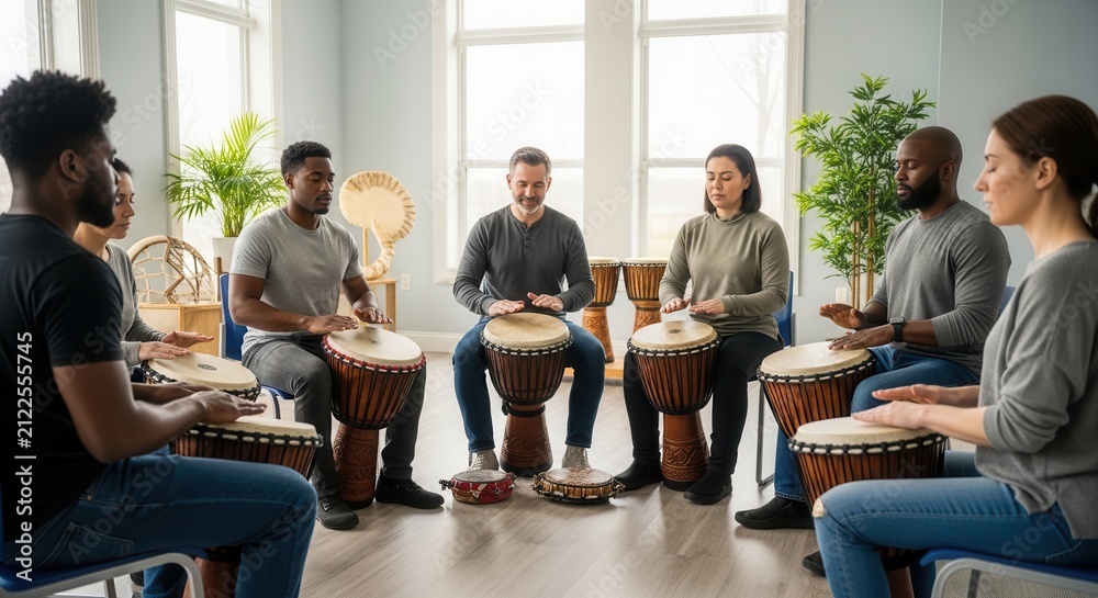 Obraz premium A diverse group of people engaged in a communal drumming circle session with hand drums, creating a harmonious and inclusive atmosphere in a bright, modern indoor space filled with natural light.