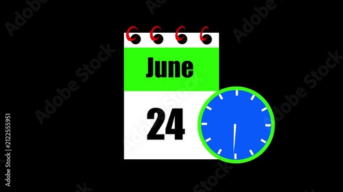 June month 24 date calendar icon animation. Animated Calendar Icon Showing Date Change with Clock Symbol Appointment Scheduling and Deadlines. Modern design calendar symbol background 4k video.
