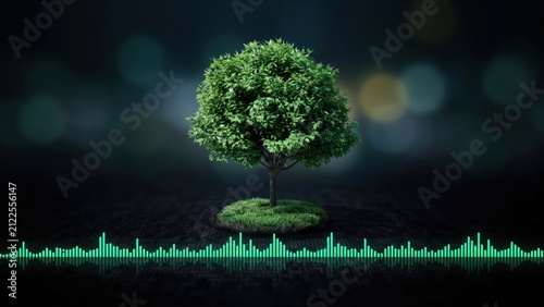 Sustainable technology concept with a small green tree and digital data frequency waveform on dark background
