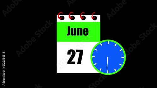 June month 27 date calendar icon animation. Animated Calendar Icon Showing Date Change with Clock Symbol Appointment Scheduling and Deadlines. Modern design calendar symbol background 4k video.