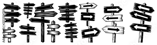 Wooden directional signpost vector set, arrow signs on poles for navigation and travel, rustic wood boards icons for crossroads