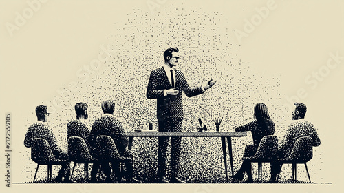 Business Meeting with Speaker: A focused business meeting is depicted with a confident speaker addressing a group of seated individuals around a table.