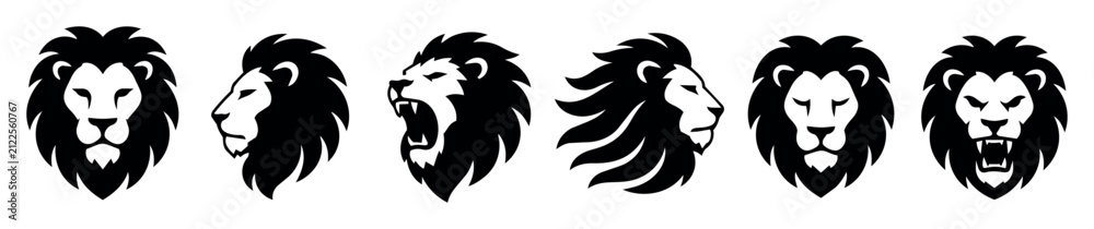 Fototapeta premium Lion head silhouette vector set with multiple lion face expressions and mane styles, including roaring, profile and frontal views, stylized wildlife animal icons for and branding designs