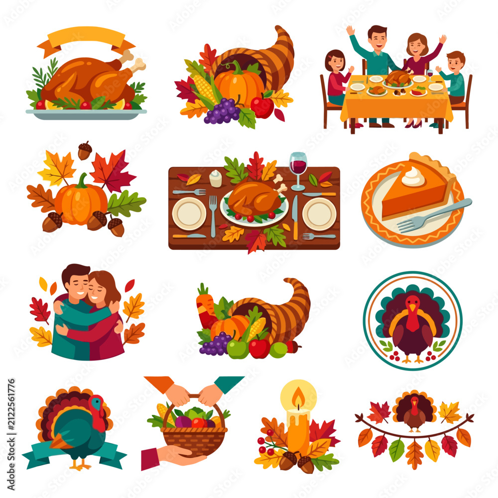Fototapeta premium thanksgiving celebration elements featuring autumn harvest family dinner and festive holiday symbols in a flat design