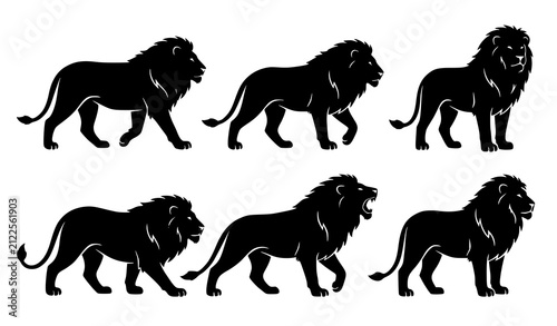 Canvas Print Black Lion Silhouette Set Featuring Majestic Wild Cats Walking Roaring and Stand