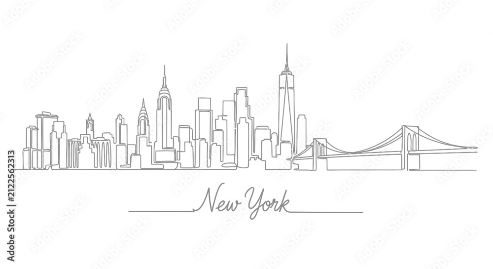 Fototapeta premium New York City Skyline Line Drawing with Bridge and Text