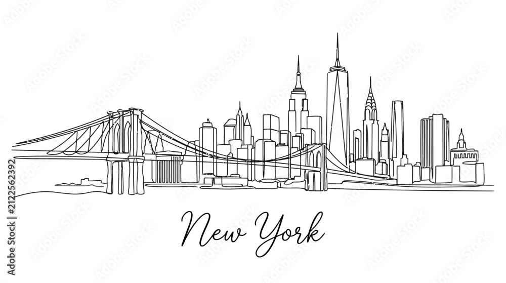 Fototapeta premium New York City Skyline One Line Drawing with Brooklyn Bridge, White Background