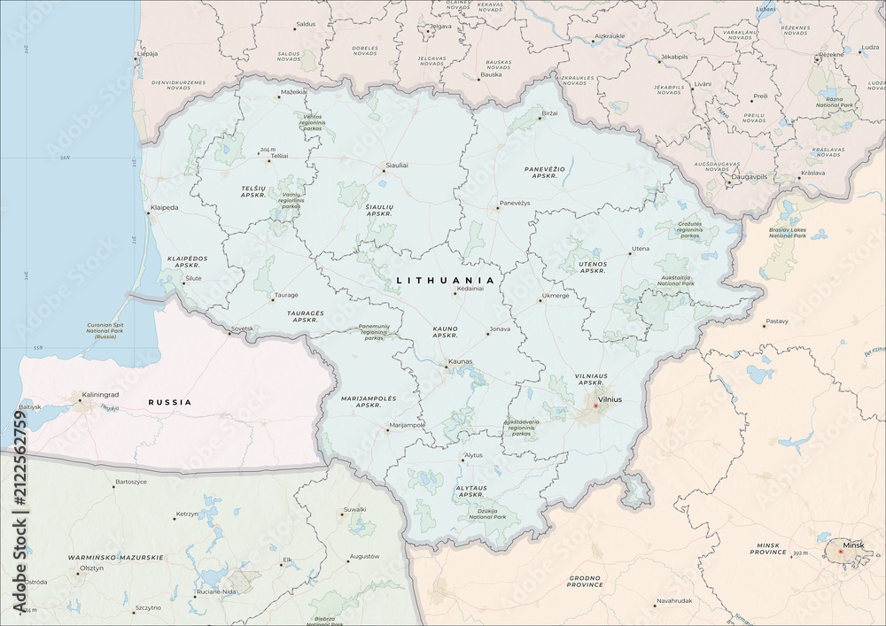Fototapeta premium Highly Detailed Political and Physical Map of Lithuania with Shaded Relief and Neighboring Countries