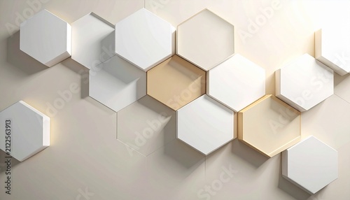 Modern geometric wall panels in soft pastel tones. Abstract 3D hexagon shapes for minimalist interior design decor.