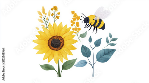 Cute bee is surrounded by vibrant flowers, including sunflower and delicate leaves, creating cheerful and lively scene