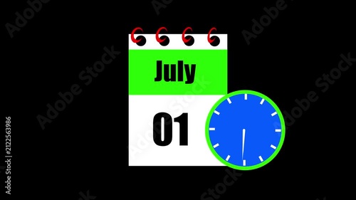 July month 01 date calendar icon animation. Animated Calendar Icon Showing Date Change with Clock Symbol Appointment Scheduling and Deadlines. Modern design calendar symbol background 4k video.