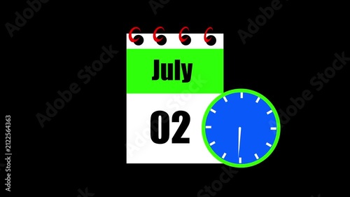 July month 02 date calendar icon animation. Animated Calendar Icon Showing Date Change with Clock Symbol Appointment Scheduling and Deadlines. Modern design calendar symbol background 4k video.