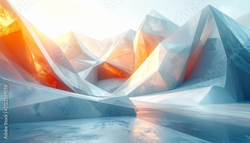 Abstract 3D geometric background with intersecting translucent shapes. Futuristic polygonal design for modern corporate branding and digital presen...