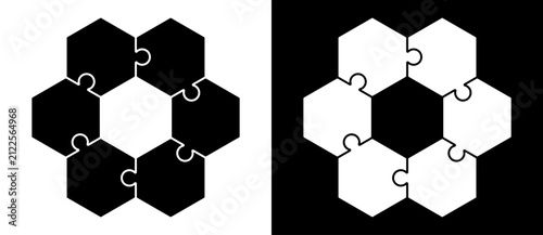 Six hexagon puzzle pieces connected in a circular pattern with hollow hexagonal center, shown in black and white inverted versions, teamwork collaboration concept icon illustration.