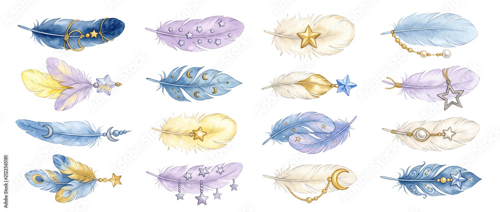 Obraz premium Watercolor celestial feathers clipart set featuring magical boho feathers with gold moon star charms for dreamcatcher craft, mystic fantasy artwork elements isolated on dark background.