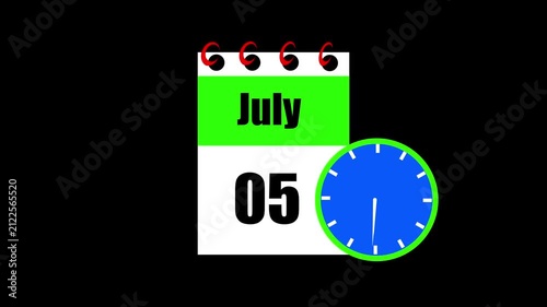 July month 05 date calendar icon animation. Animated Calendar Icon Showing Date Change with Clock Symbol Appointment Scheduling and Deadlines. Modern design calendar symbol background 4k video.