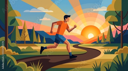 Man Running on Path at Sunrise Flat Vector Illustration
