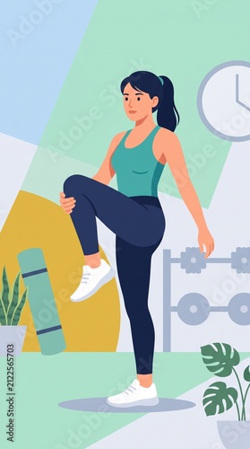 Woman Stretching Leg in Home Gym Illustration