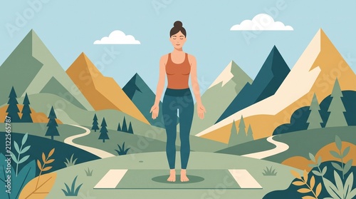Woman Practicing Yoga and Meditation in Mountain Landscape Illustration
