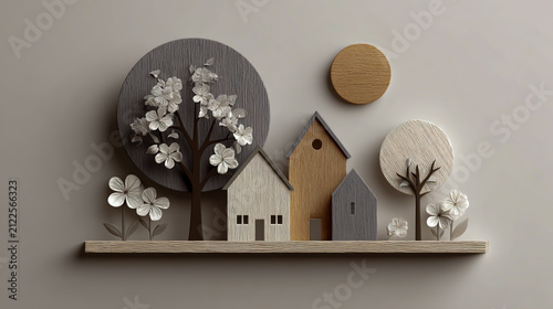 3d wood carving of tree with flowers, sun and two houses