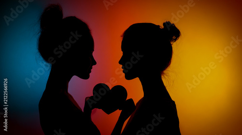 Silhouette of two women holding a heart-shaped object