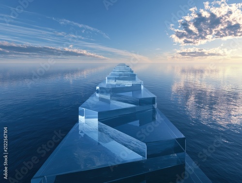 Glass Stairway Ascending Over Calm Blue Ocean Horizon Under Clear Sky