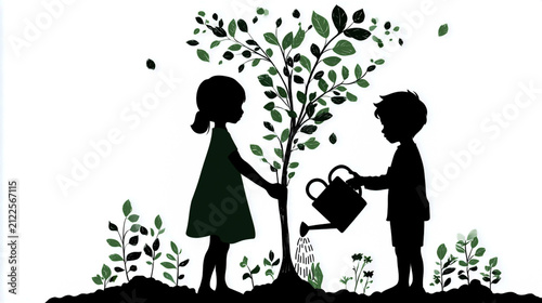 Vector illustration of a boy and girl watering a tree