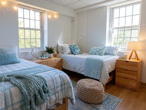 Inviting Dorm Room with Two Beds and Natural Light from Windows