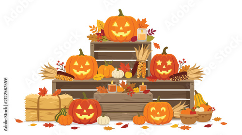 Halloween jack o lantern pumpkins arranged on wooden crates with autumn leaves and hay bale on white background
