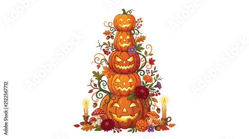 Halloween jack o lantern pumpkin stack with autumn leaves and candles isolated on white background