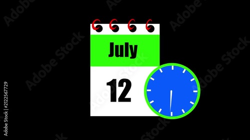July month 12 date calendar icon animation. Animated Calendar Icon Showing Date Change with Clock Symbol Appointment Scheduling and Deadlines. Modern design calendar symbol background 4k video.