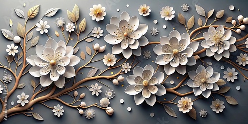 Elegant golden tree wall art with blooming flowers. Decorative home decor for luxury interiors.
