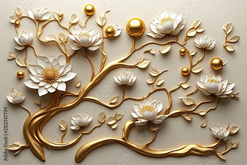 Elegant golden tree wall art with blooming flowers. Decorative home decor for luxury interiors.